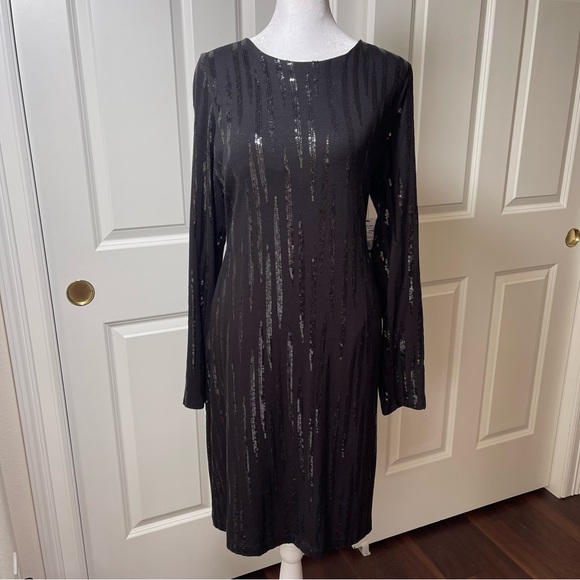 NWT Karen Kane Starlight Black Sequins Sheath Dress Long Sleeve XL - Picture 3 of 16